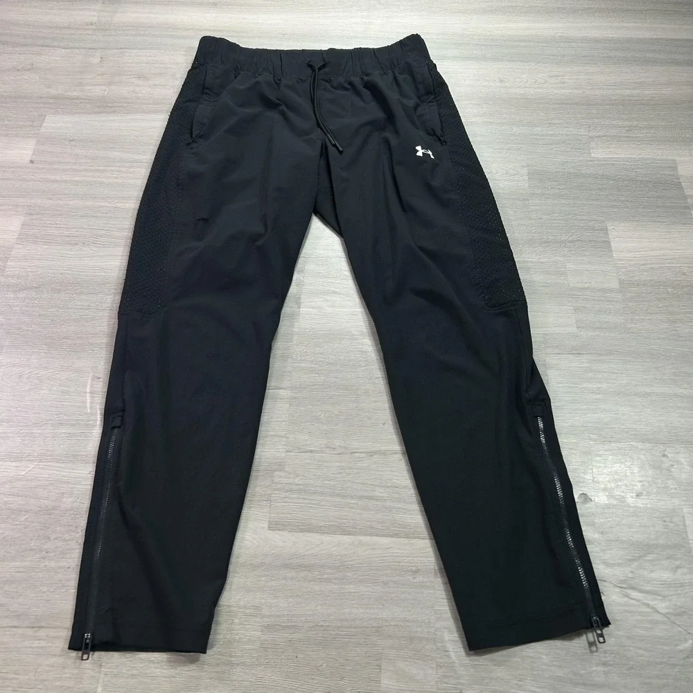 Under Armour Track Pants Mens Medium Black Woven Zip Hem Ventilated 1370428